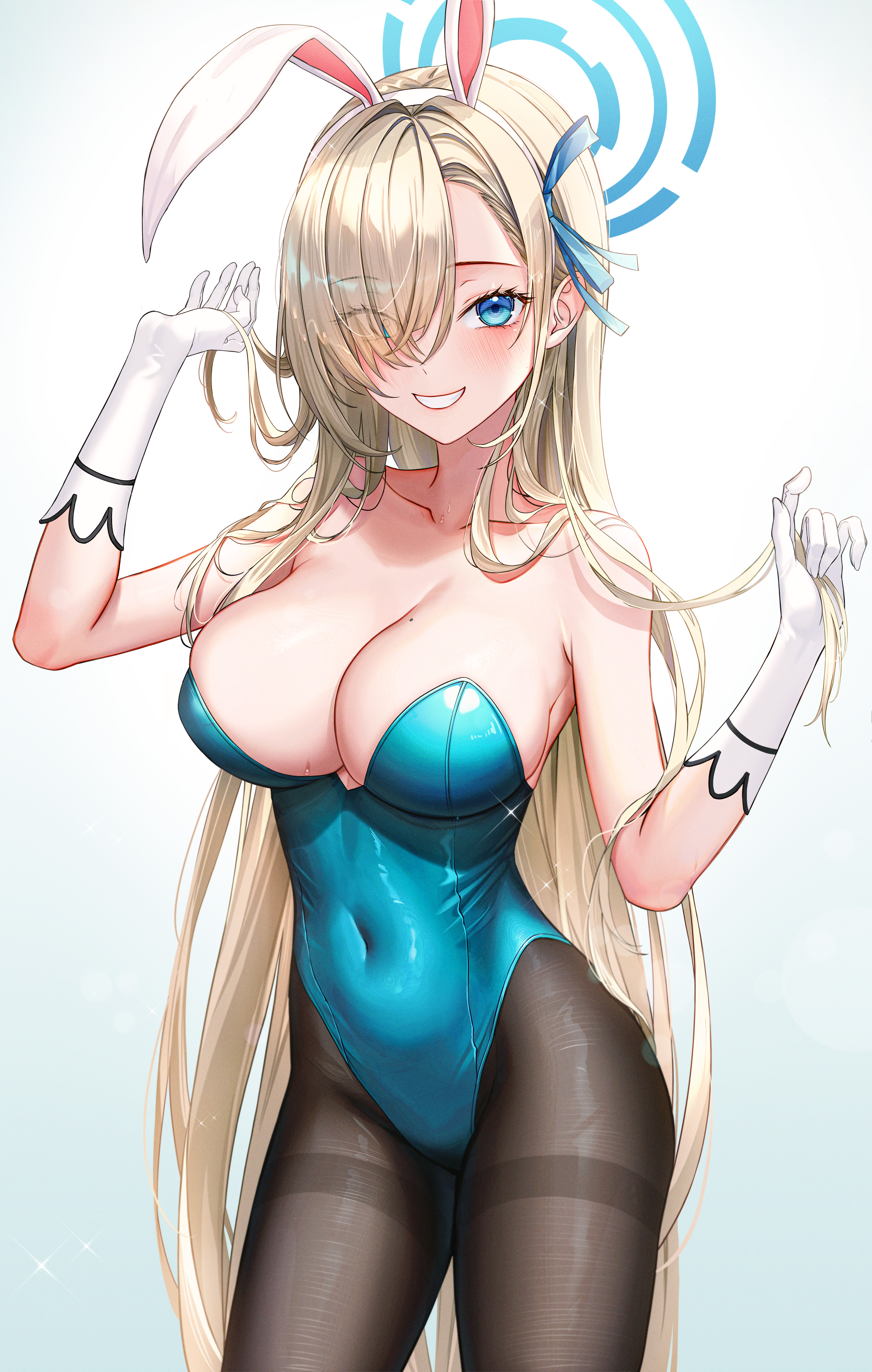 eichi (skskdi12z), asuna (blue archive), asuna (bunny) (blue archive), blue archive, absurdres, commentary request, highres, 1girl, animal ears, black pantyhose, blonde hair, blue eyes, blue halo, blue leotard, blue ribbon, blush, breasts, fake animal ears, gloves, grin, hair over one eye, hair ribbon, halo, large breasts, leotard, long hair, looking at viewer, mole, mole on breast, official alternate costume, pantyhose, playboy bunny, rabbit ears, ribbon, smile, solo, strapless, strapless leotard, very long hair, white background, white gloves