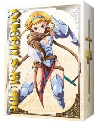 exiled warrior leina, leina (queen's blade), queen's blade, lowres, 00s, 1girl, angry, armor, blonde hair, blue eyes, box, braid, breasts, cleavage, cover, dvd cover, female focus, hairband, large breasts, loincloth, shield, short hair, solo, strap, sword, twin braids, weapon