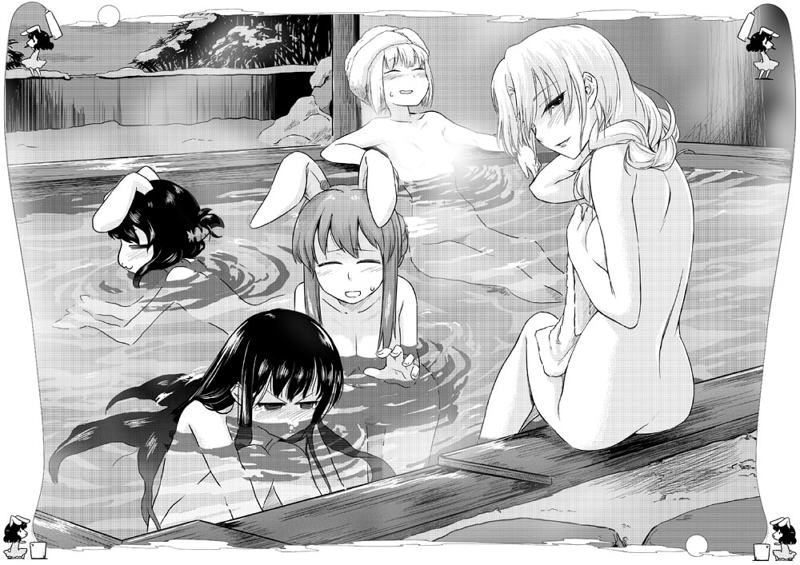 kanami yuu, fujiwara no mokou, houraisan kaguya, inaba tewi, reisen udongein inaba, yagokoro eirin, touhou, bad id, bad pixiv id, 5girls, :3, animal ears, blush, everyone, female focus, greyscale, long hair, monochrome, multiple girls, nude, onsen, rabbit ears, same-sex bathing, shared bathing, short hair, soaking feet, towel, water