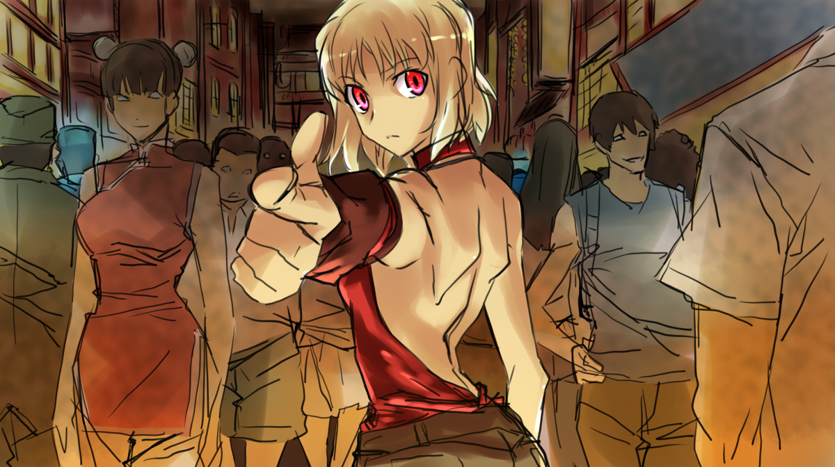 mas (5734ghji), canaan (character), 428, 428: fuusa sareta shibuya de, canaan (series), chunsoft, 1girl, back, backless outfit, bare back, bare shoulders, blonde hair, china dress, chinese clothes, crowd, dress, finger gun, from behind, halterneck, looking at viewer, looking back, pointing, pointing at viewer, red eyes, road, short hair, sketch, solo focus, street