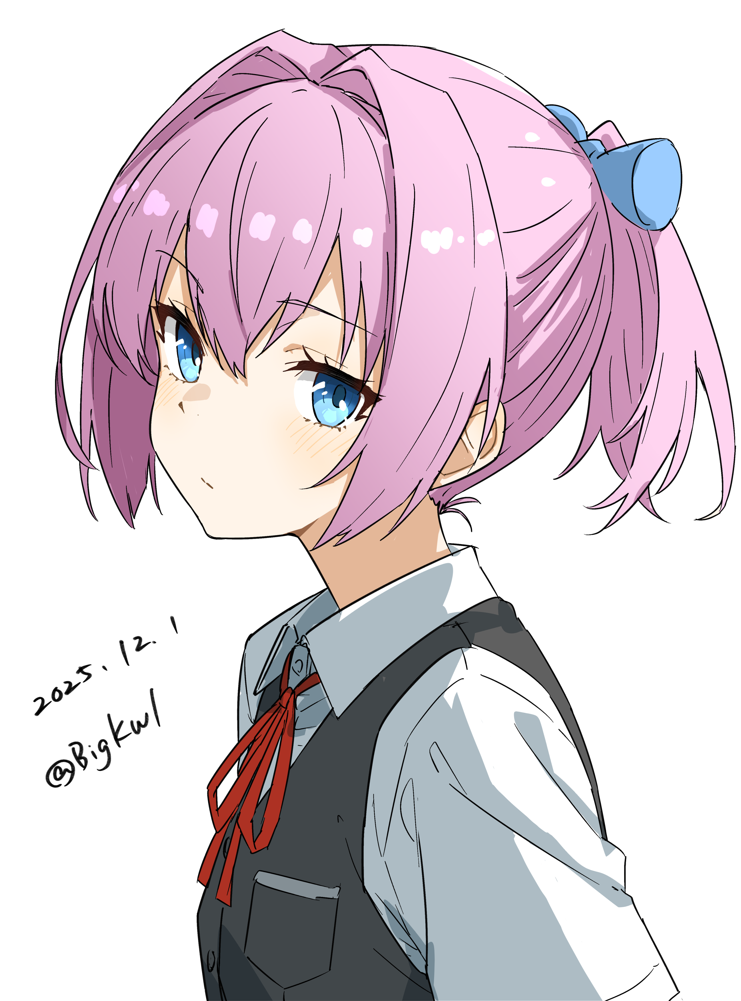 bigkwl, shiranui (kancolle), kantai collection, absurdres, commentary, highres, 1girl, blue eyes, blush, dated, dated commentary, grey vest, hair ribbon, looking at viewer, neck ribbon, one-hour drawing challenge, pink hair, ponytail, red ribbon, ribbon, shirt, short hair, short ponytail, simple background, solo, twitter username, upper body, vest, white background, white shirt