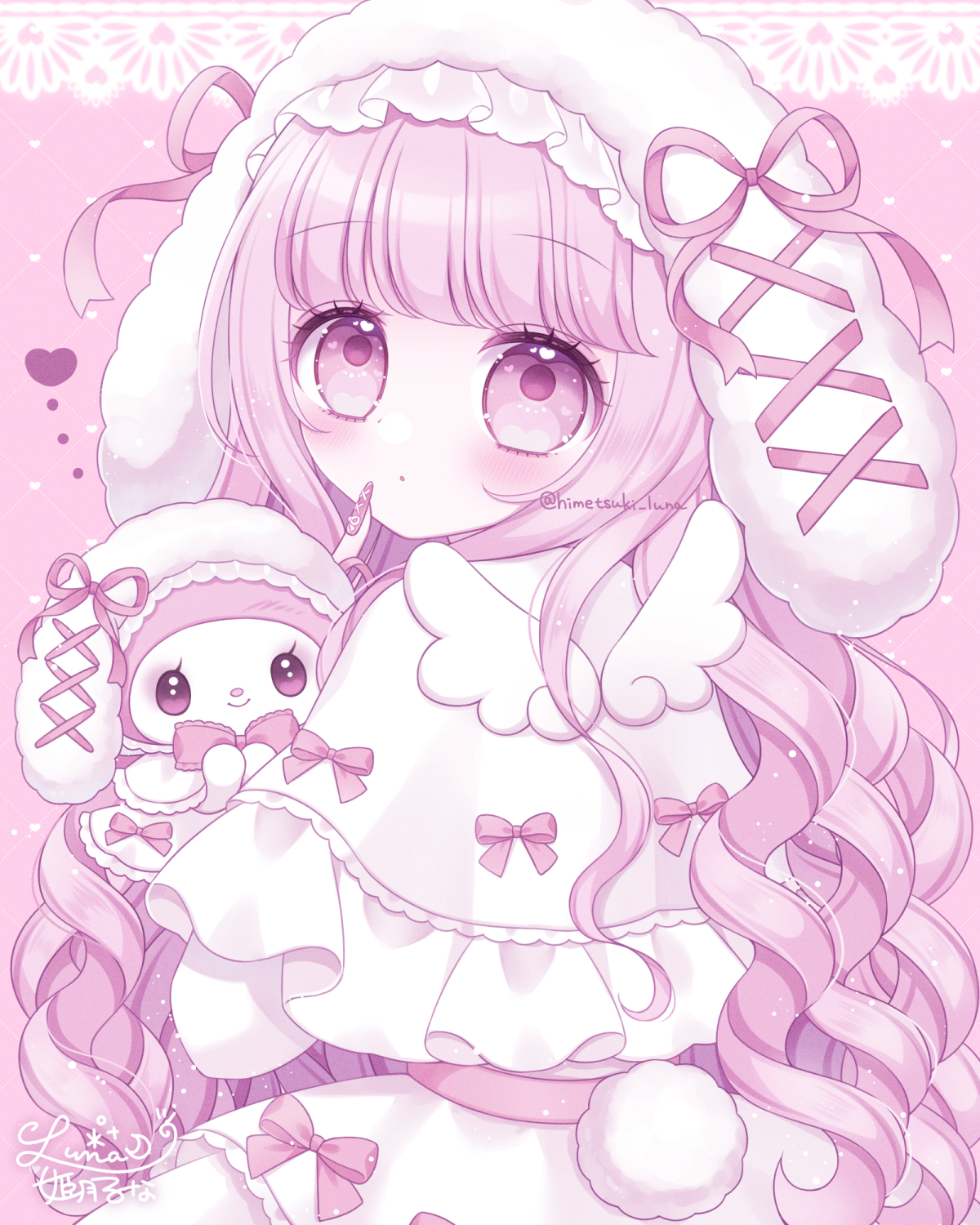 himetsuki luna, my melody, onegai my melody, sanrio, commentary request, highres, tagme, 1girl, artist name, creature and personification, from behind, long hair, looking at viewer, mini wings, open mouth, personification, pink eyes, pink hair, pink theme, signature, twitter username, white wings, wings