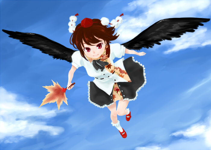 kanami yuu, shameimaru aya, touhou, bad id, bad pixiv id, 1girl, black wings, brown hair, cloud, day, female focus, geta, hand fan, hat, looking at viewer, red eyes, short hair, sky, smile, solo, tengu-geta, tokin hat, wings