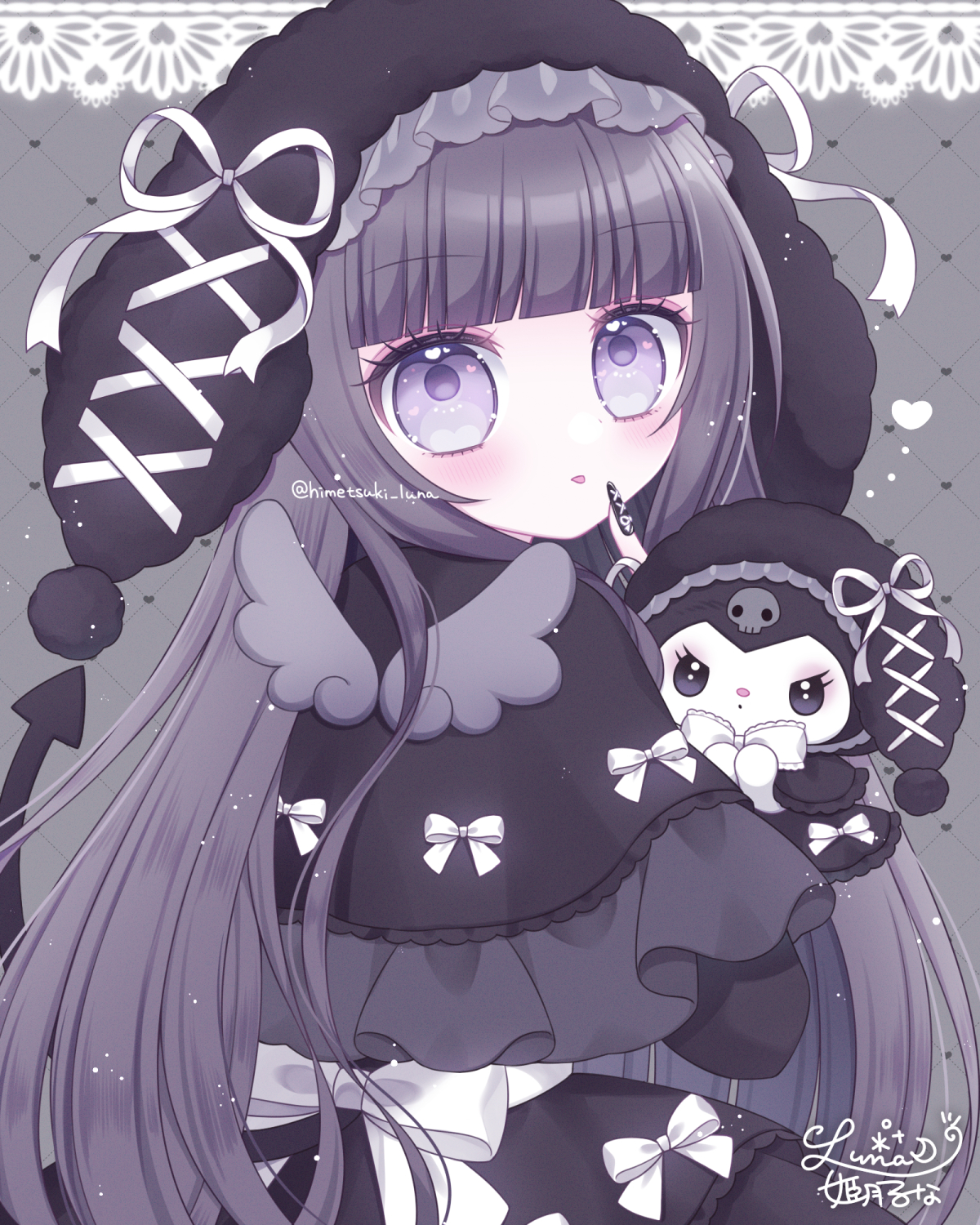 himetsuki luna, kuromi, onegai my melody, sanrio, commentary request, highres, tagme, 1girl, artist name, black hair, black theme, black wings, creature and personification, from behind, long hair, looking at viewer, mini wings, open mouth, personification, purple eyes, signature, twitter username, wings