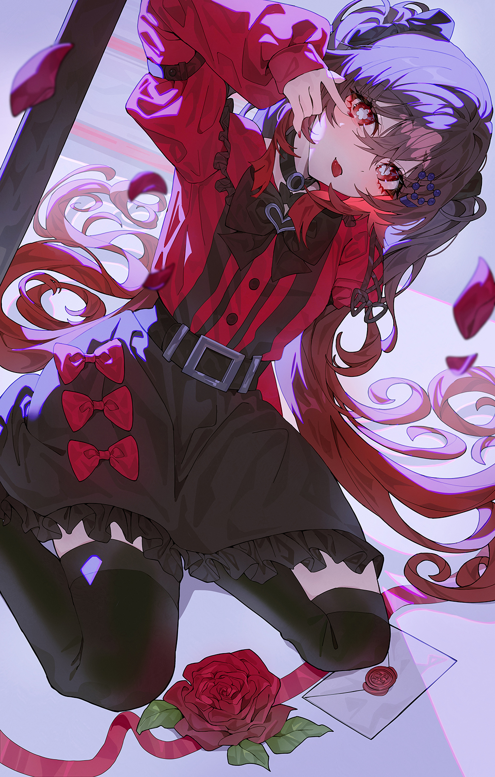 indol, hu tao (genshin impact), genshin impact, commentary request, highres, 1girl, alternate costume, belt, black belt, black bow, black bowtie, black choker, black skirt, black thighhighs, bow, bowtie, brown hair, choker, falling petals, flower, flower-shaped pupils, hair spread out, letter, long hair, looking at viewer, petals, red eyes, red shirt, rose, shirt, sitting, skirt, solo, symbol-shaped pupils, thighhighs, tongue, tongue out, twintails