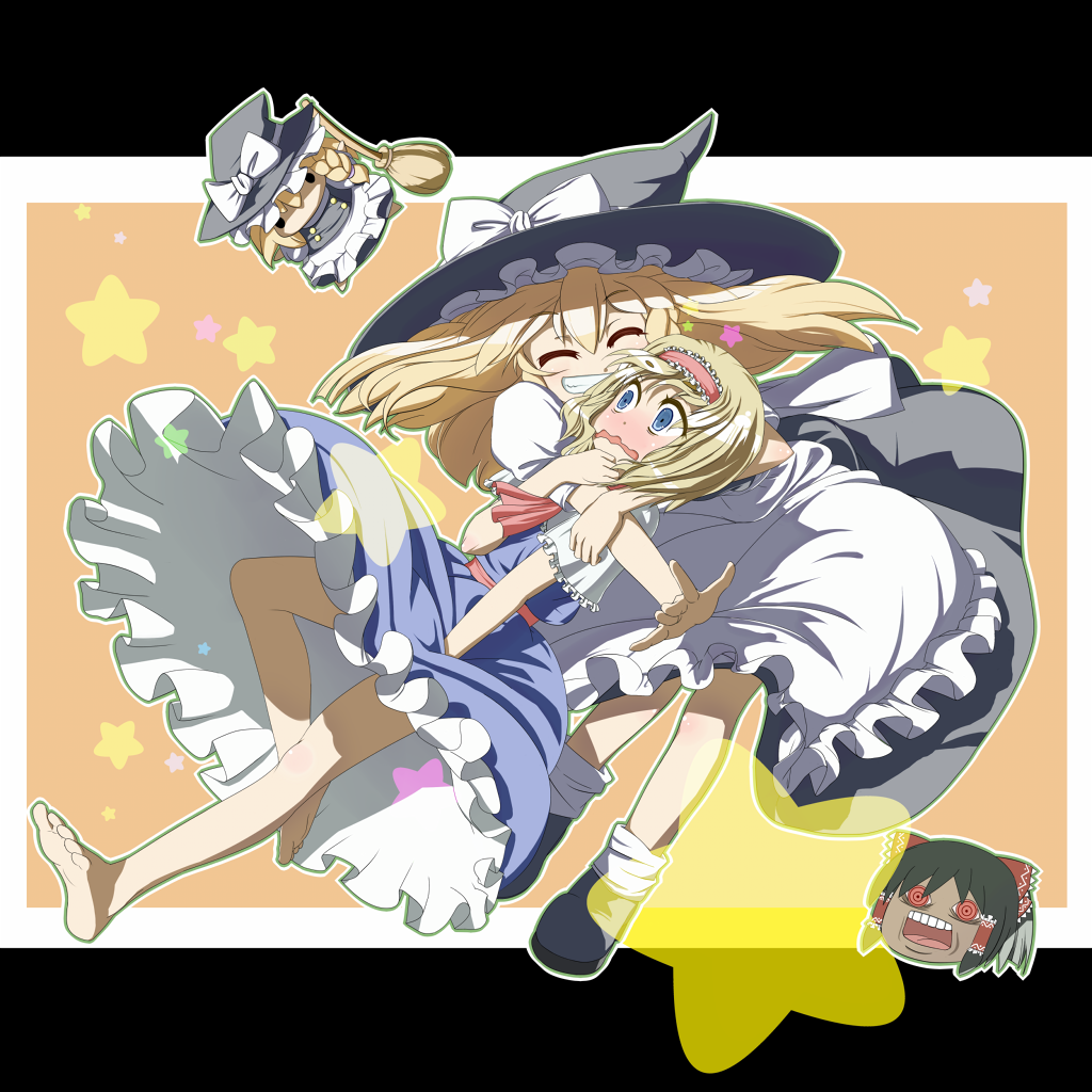 kokoyama (cocoyama), alice margatroid, hakurei reimu, kirisame marisa, shanghai doll, touhou, 2girls, barefoot, blonde hair, blue eyes, blush, braid, broom, character doll, closed eyes, doll, feet, female focus, grin, hairband, hat, hug, multiple girls, smile, witch, witch hat, yukkuri shiteitte ne