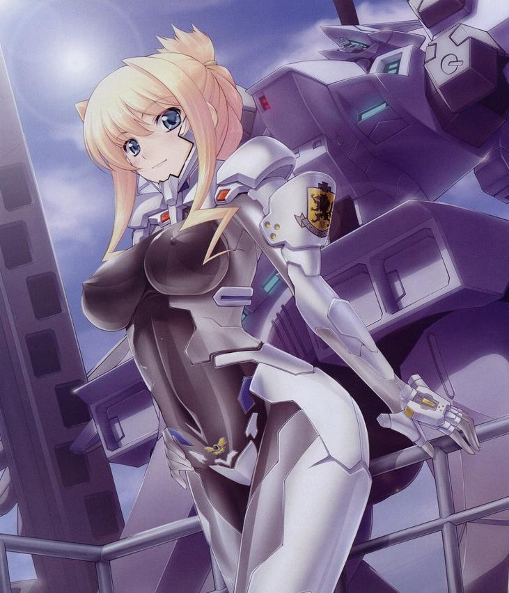 ef-2000 typhoon (muv-luv), ilfriede von feulner, muv-luv, muv-luv alternative, muvluv alternative total eclipse, the euro front, pilot suit, 1girl, armor, blonde hair, blue eyes, bodysuit, breasts, covered erect nipples, fortified suit, looking at viewer, mecha pilot suit, medium breasts, robot, smile, tactical surface fighter