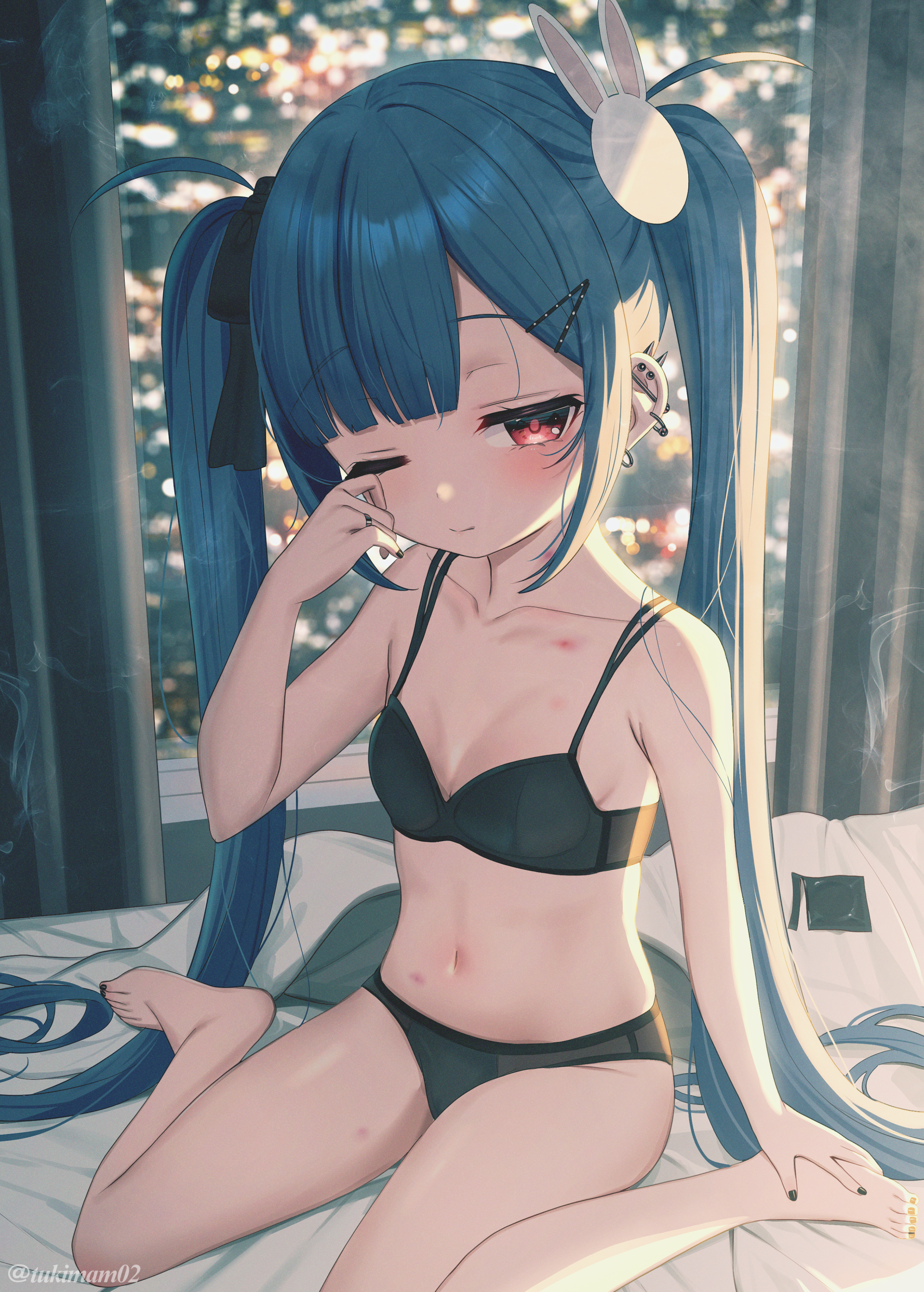 tsukiman, original, absurdres, commentary request, highres, 1girl, artist name, barefoot, black bra, black nails, black panties, black ribbon, blue hair, bra, breasts, closed mouth, collarbone, condom, condom wrapper, ear piercing, earrings, hair ornament, hair ribbon, hairclip, hand up, hickey, indoors, jewelry, kanae (tsukiman), long hair, looking at viewer, nail polish, navel, one eye closed, panties, piercing, rabbit hair ornament, red eyes, ribbon, rubbing eyes, signature, sitting, small breasts, solo, toes, twintails, twitter username, underwear, underwear only, very long hair, wariza, window