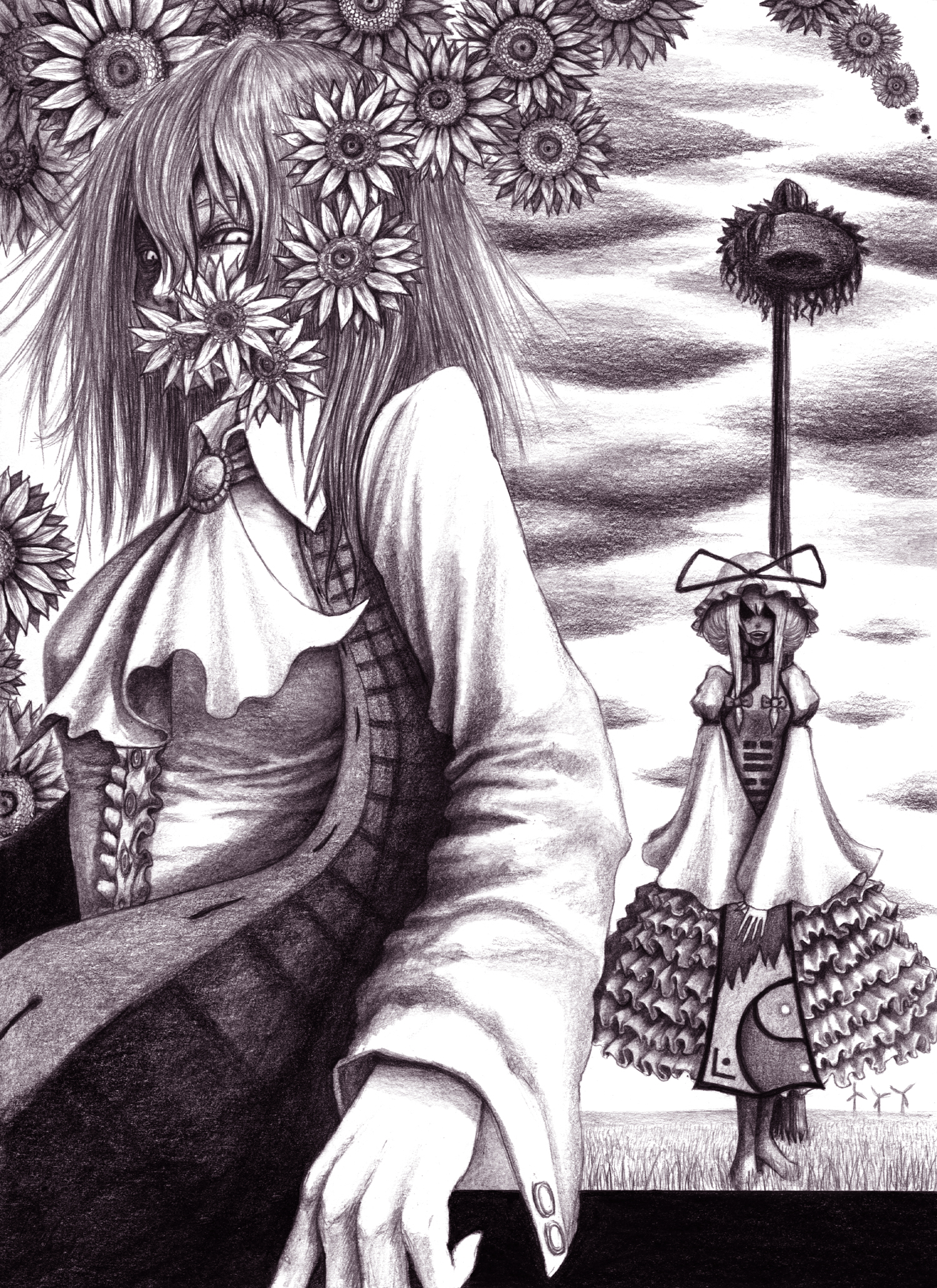 hane (azelye), kazami yuuka, yakumo yukari, touhou, graphite (medium), highres, traditional media, 2girls, ascot, creepy, female focus, field, flower, horror (theme), monochrome, multiple girls, no eyes, plaid clothes, plaid vest, purple theme, shaded face, sunflower, vest, windmill