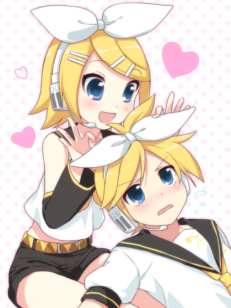 usashiro mani, kagamine len, kagamine rin, vocaloid, 1boy, 1girl, blonde hair, blue eyes, brother and sister, headset, siblings, twins