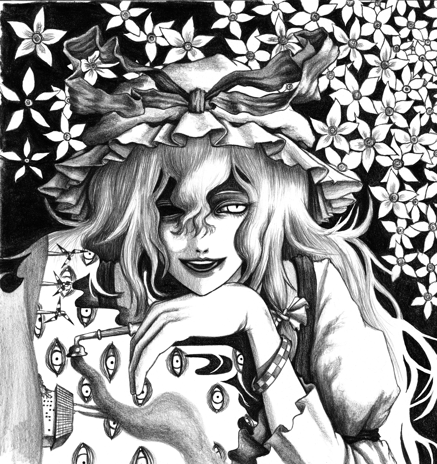 hane (azelye), yakumo yukari, touhou, graphite (medium), highres, traditional media, 1girl, female focus, flower, greyscale, kiseru, monochrome, one-eyed, smoke, smoking pipe, solo, windmill