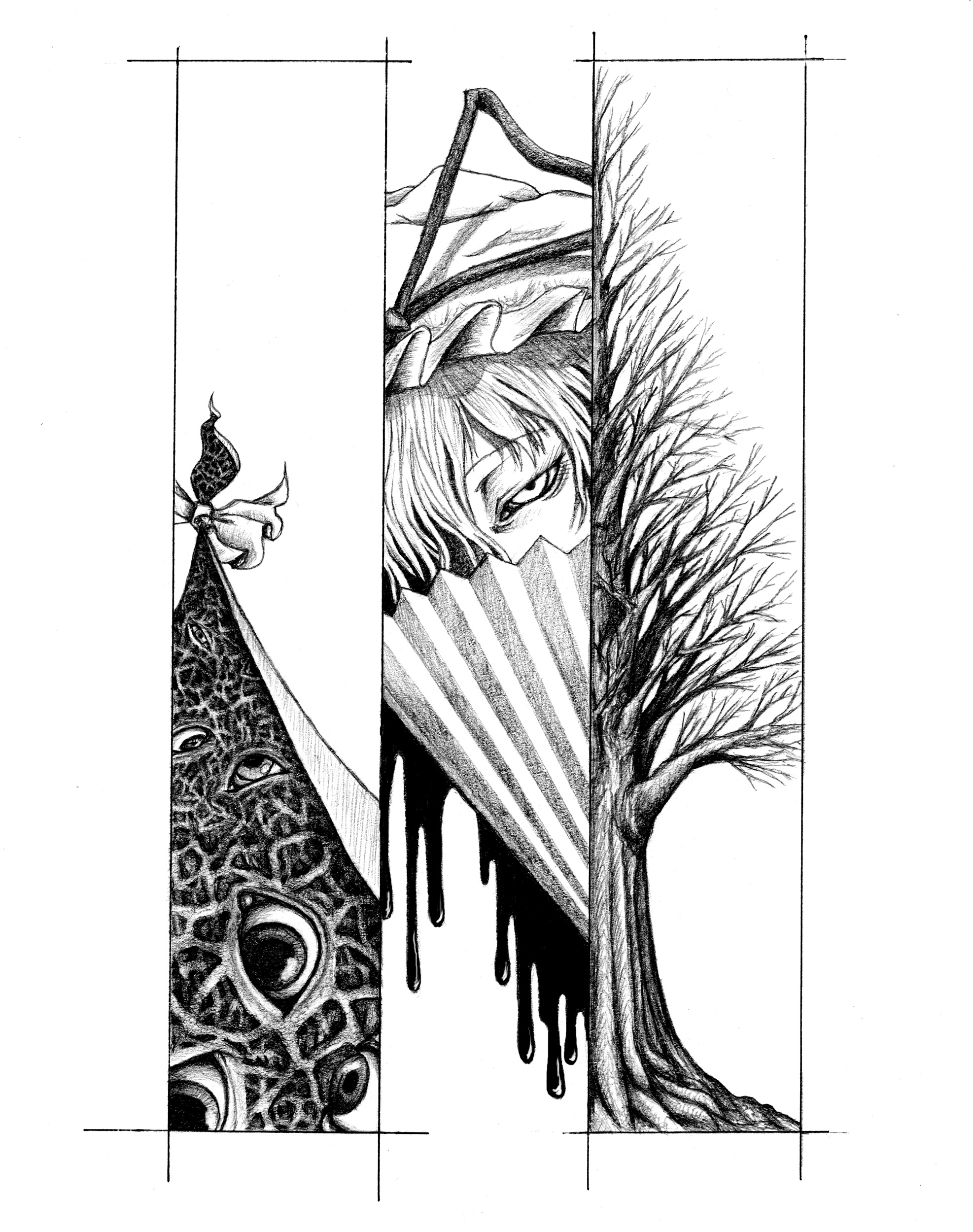 hane (azelye), yakumo yukari, touhou, absurdres, graphite (medium), highres, traditional media, 1girl, blood, eye focus, female focus, greyscale, hair over one eye, hand fan, hat, monochrome, nature, plant, solo, tree, white background