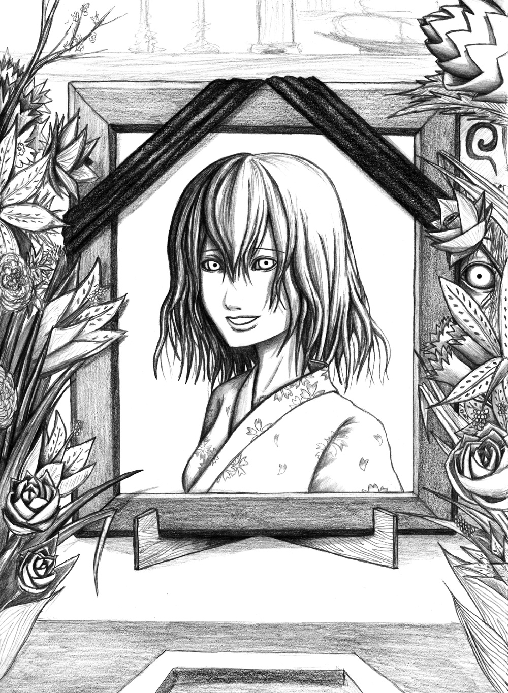 hane (azelye), saigyouji yuyuko, saigyouji yuyuko (living), touhou, framed, graphite (medium), highres, traditional media, 1girl, female focus, funeral, greyscale, horror (theme), iei, monochrome, portrait, portrait (object), solo, when you see it