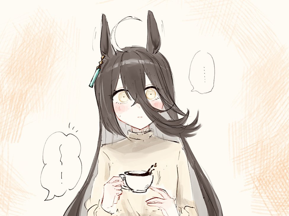 hydr051, manhattan cafe (umamusume), umamusume, commentary request, …, 1girl, ahoge, alternate costume, animal ears, black hair, blush, cup, ear tag, earrings, hair between eyes, holding, holding cup, horse ears, horse girl, jewelry, long bangs, long hair, long hair between eyes, long sleeves, looking at viewer, single earring, solo, spoken ellipsis, sweater, upper body, very long hair, white hair, white sweater, yellow eyes