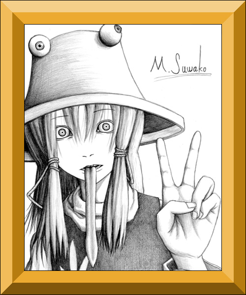 hane (azelye), moriya suwako, touhou, framed, bad id, bad pixiv id, graphite (medium), traditional media, 1girl, bags under eyes, character name, constricted pupils, female focus, hat, long tongue, monochrome, portrait, sidelocks, solo, tongue, tongue out, v, wide-eyed
