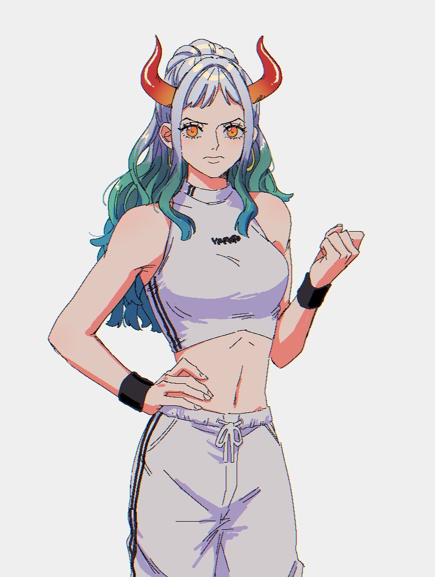 hdksz 39, yamato (one piece), one piece, 1girl, aqua hair, blue hair, clenched hand, closed mouth, cowboy shot, earrings, eyelashes, hand on own hip, hoop earrings, horns, jewelry, navel, ponytail, sidelocks, simple background, v-shaped eyebrows, white background, white hair