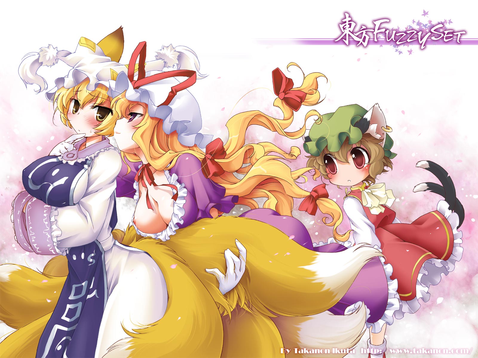 ikuta takanon, chen, yakumo ran, yakumo yukari, touhou, highres, 3girls, animal ears, blonde hair, breasts, brown hair, cat ears, cat girl, cat tail, cover, cover page, dress, earrings, elbow gloves, female focus, fox ears, fox tail, gloves, gradient background, hat, jewelry, large breasts, long hair, multiple girls, multiple tails, nipple slip, nipples, purple eyes, short hair, skirt, tail, white background, yellow eyes