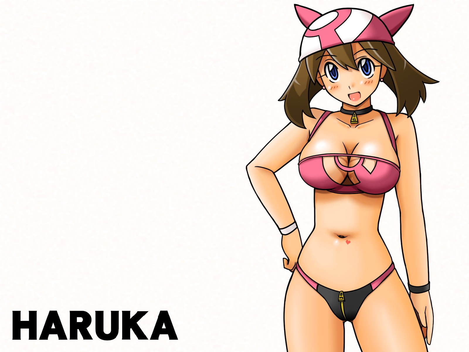 tsumitani daisuke, may (pokemon), nintendo, pokemon, highres, 1girl, aged up, armband, bandana, bikini, blue eyes, breasts, brown hair, character name, choker, cleavage, cleavage cutout, clothing cutout, crotch zipper, female focus, hand on own hip, hat, heart, hip focus, large breasts, navel, open mouth, poke ball theme, solo, swimsuit, wristband, zipper