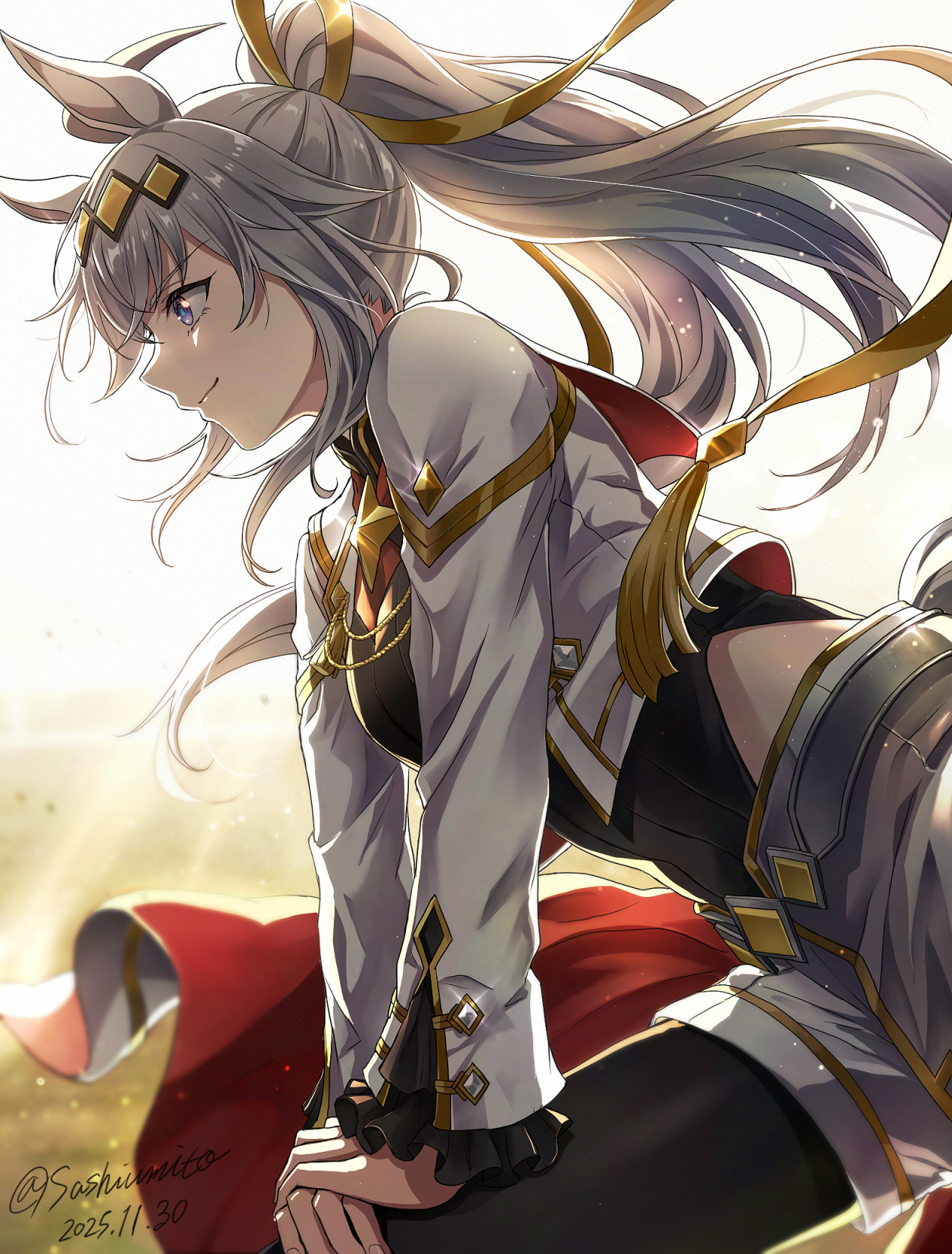 sashiumito, oguri cap (umamusume), umamusume, umamusume: cinderella gray, commentary request, highres, 1girl, aiguillette, artist name, black pantyhose, black shirt, blue eyes, clothing cutout, cropped jacket, dated, frilled sleeves, frills, from side, grey hair, grey shorts, hair ribbon, hip vent, horse girl, jacket, leaning forward, light particles, pantyhose, ponytail, ribbon, shirt, shorts, sleeves past wrists, smile, solo, white jacket