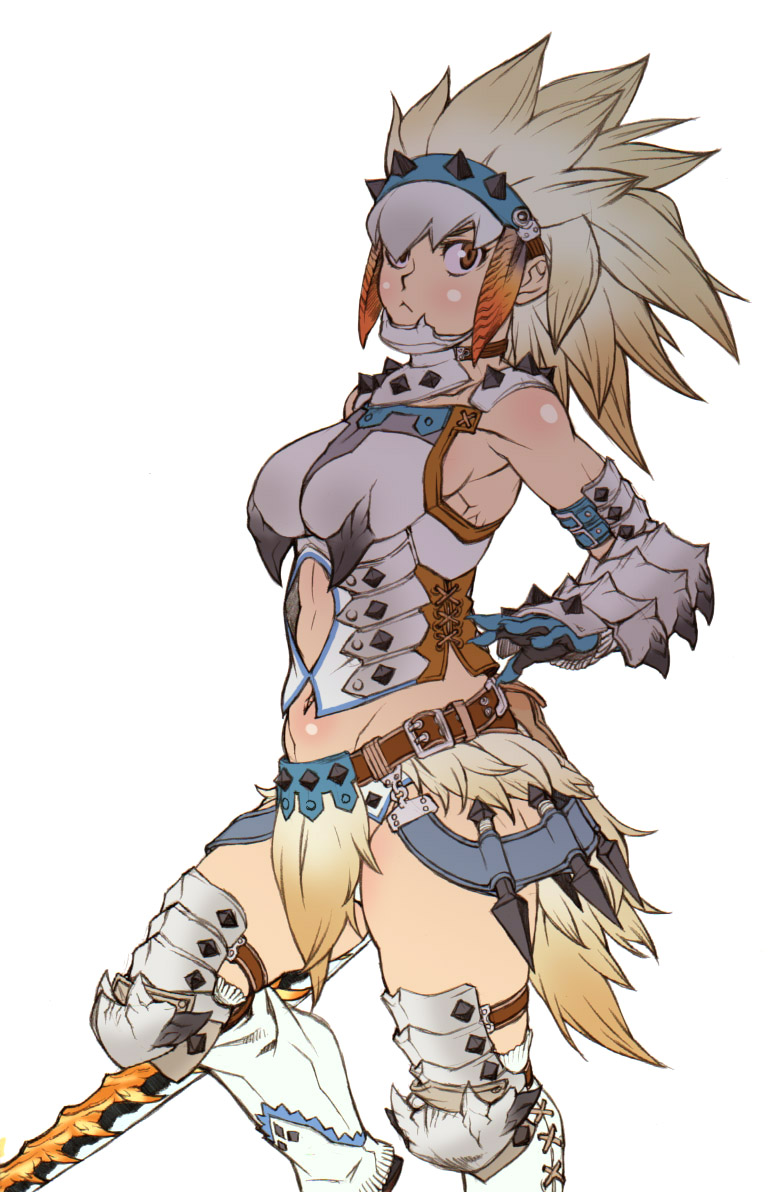 kei (bekei), capcom, monster hunter (series), 1girl, armor, barioth (armor), blonde hair, elbow gloves, female focus, gloves, hairband, long hair, midriff, panties, simple background, solo, sword, underwear, weapon