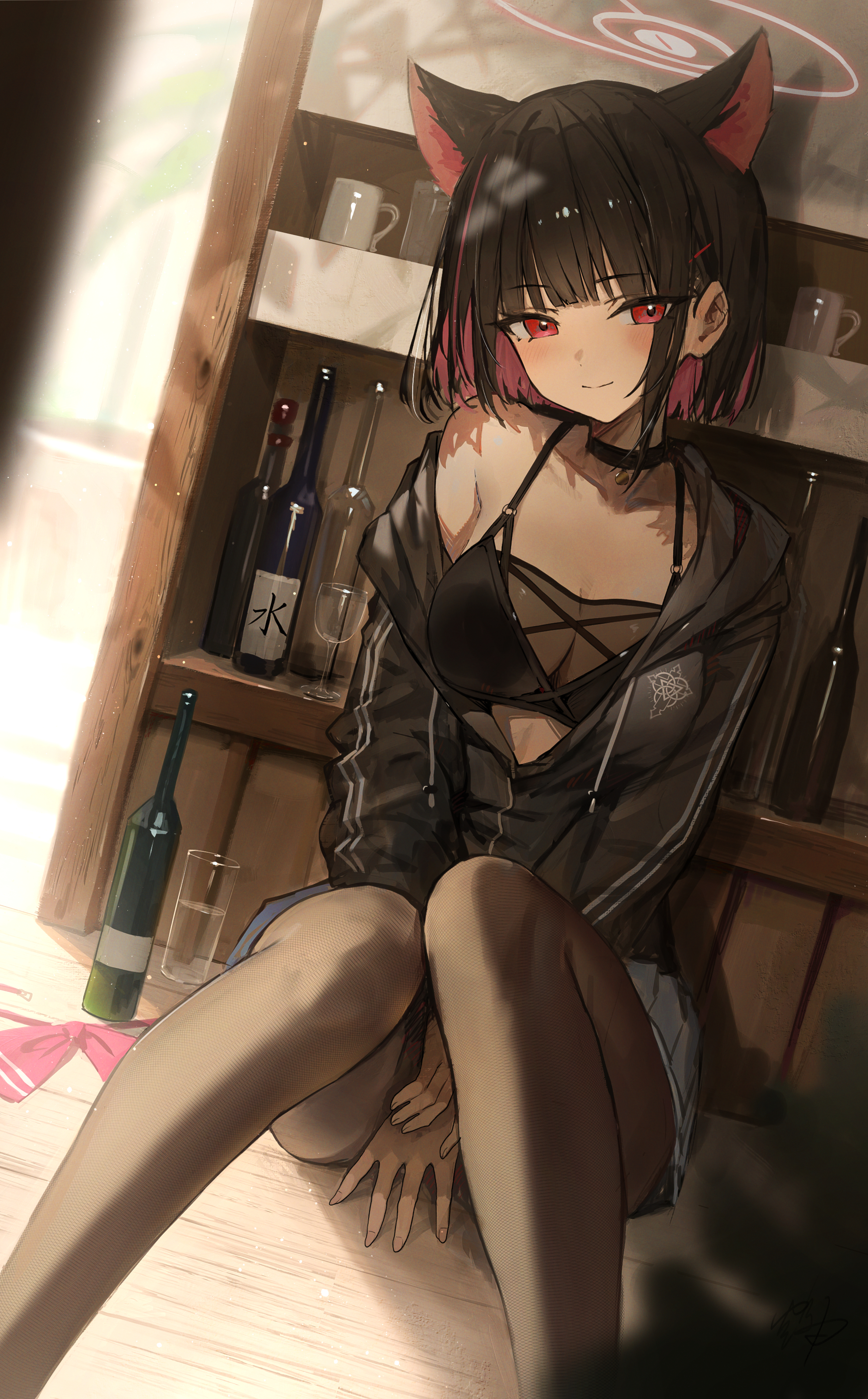 hidulume, kazusa (blue archive), blue archive, absurdres, commentary, highres, 1girl, animal ears, black choker, bottle, breasts, cat ears, cat girl, choker, collarbone, colored inner animal ears, colored inner hair, comiket 107, halo, jacket, light blush, looking at viewer, medium breasts, multicolored hair, pink eyes, pink halo, sitting, smile, solo