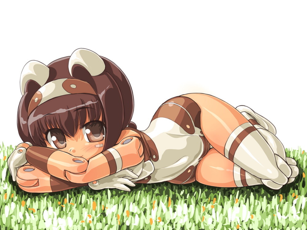 dd (ijigendd), pomock, busou shinki, bad id, bad pixiv id, 10s, 1girl, animal ears, armband, bare shoulders, blush, boots, breasts, brown eyes, brown hair, covered navel, crossed arms, doll joints, facial mark, female focus, gloves, grass, hairband, joints, leotard, light smile, looking at viewer, low ponytail, lying, on ground, on side, outdoors, ponytail, simple background, small breasts, smile, solo, thigh boots, thigh gap, thighhighs, white background, white boots, white gloves, white thighhighs
