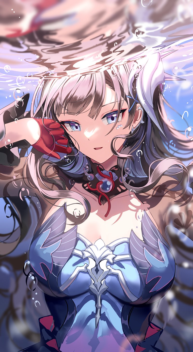 silence girl, hysilens (honkai: star rail), honkai: star rail, honkai (series), commentary, hashtag-only commentary, highres, 1girl, black hair, black shrug, blue eyes, breasts, bubble, earclip, gloves, hair ornament, hand up, large breasts, long hair, looking at viewer, parted lips, red gloves, scales, see-through body, shrug (clothing), solo, underwater, upper body, very long hair