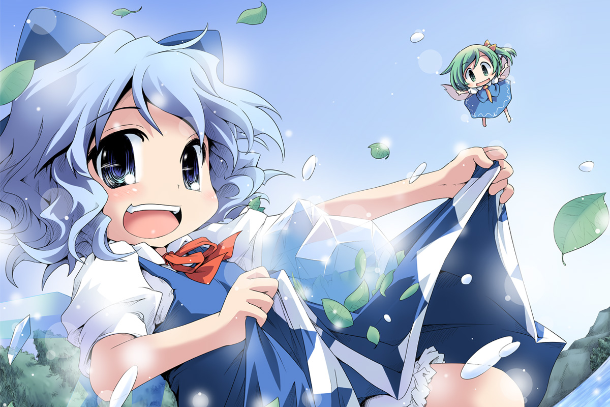 ham (points), cirno, daiyousei, embodiment of scarlet devil, touhou, 2girls, blue eyes, blue hair, bow, green eyes, green hair, hair bow, ice, leaf, multiple girls, short hair, side ponytail, wings