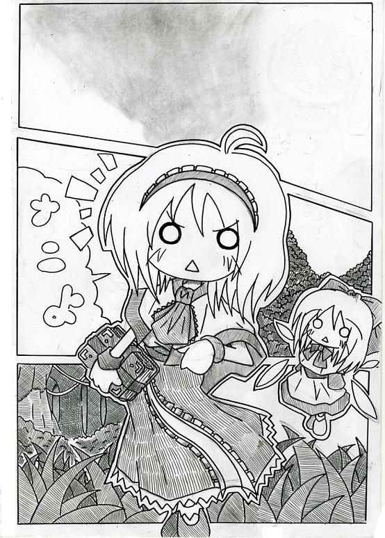 soyanrai, alice margatroid, shanghai doll, touhou, bad id, bad pixiv id, traditional media, 1girl, :<, book, chibi, doll, dress, female focus, greyscale, monochrome, nature, o o, plant, solo, white background, wings