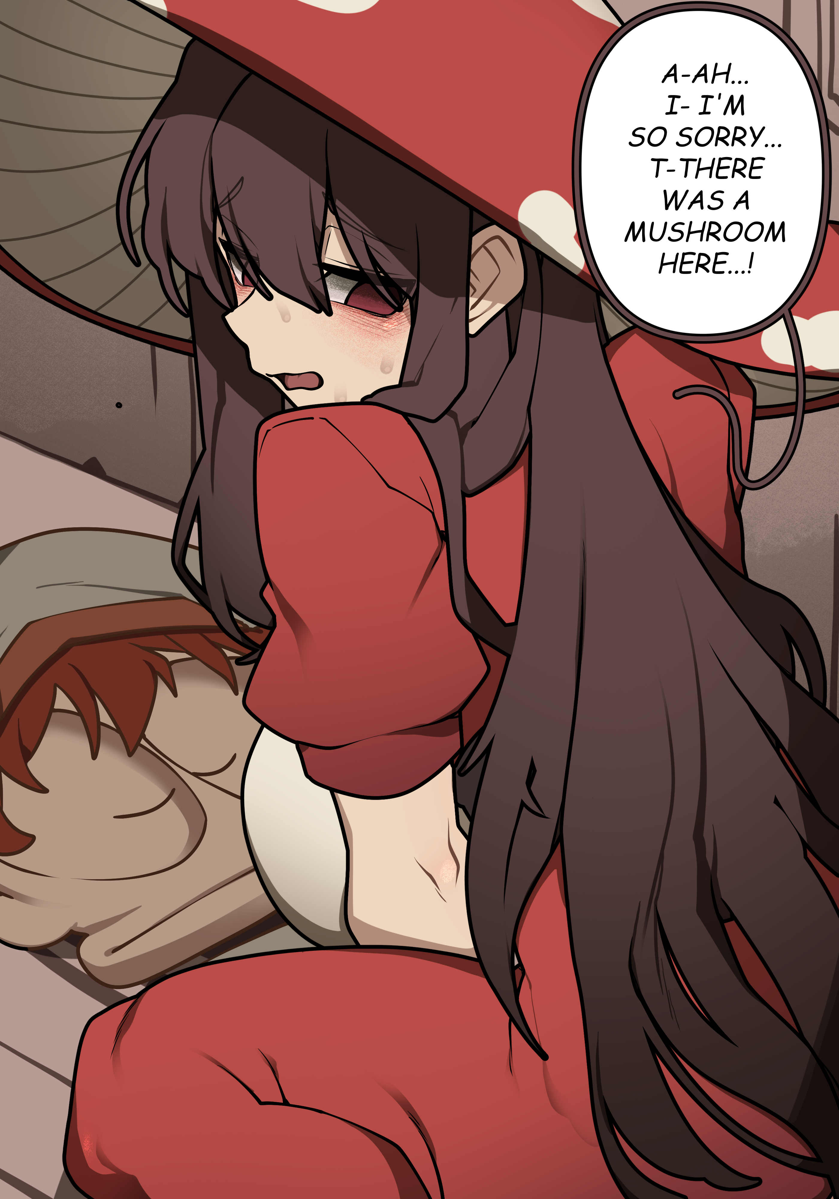 junkzero, original, absurdres, commentary, english commentary, highres, 1boy, 1girl, breasts, brown hair, closed eyes, english text, fungi, girl on top, grey hat, hat, large breasts, long hair, meme, monster girl, mushroom, mushroom girl, mushroom on head, red eyes, red hair, short sleeves, speech bubble, splash page, squished squidward face (meme)