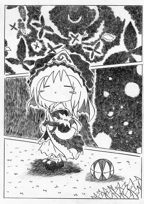 soyanrai, saigyouji yuyuko, touhou, bad id, bad pixiv id, nib pen (medium), pen (medium), traditional media, 1girl, bug, butterfly, chibi, closed eyes, female focus, greyscale, insect, monochrome, moon, solo, tree, x mouth