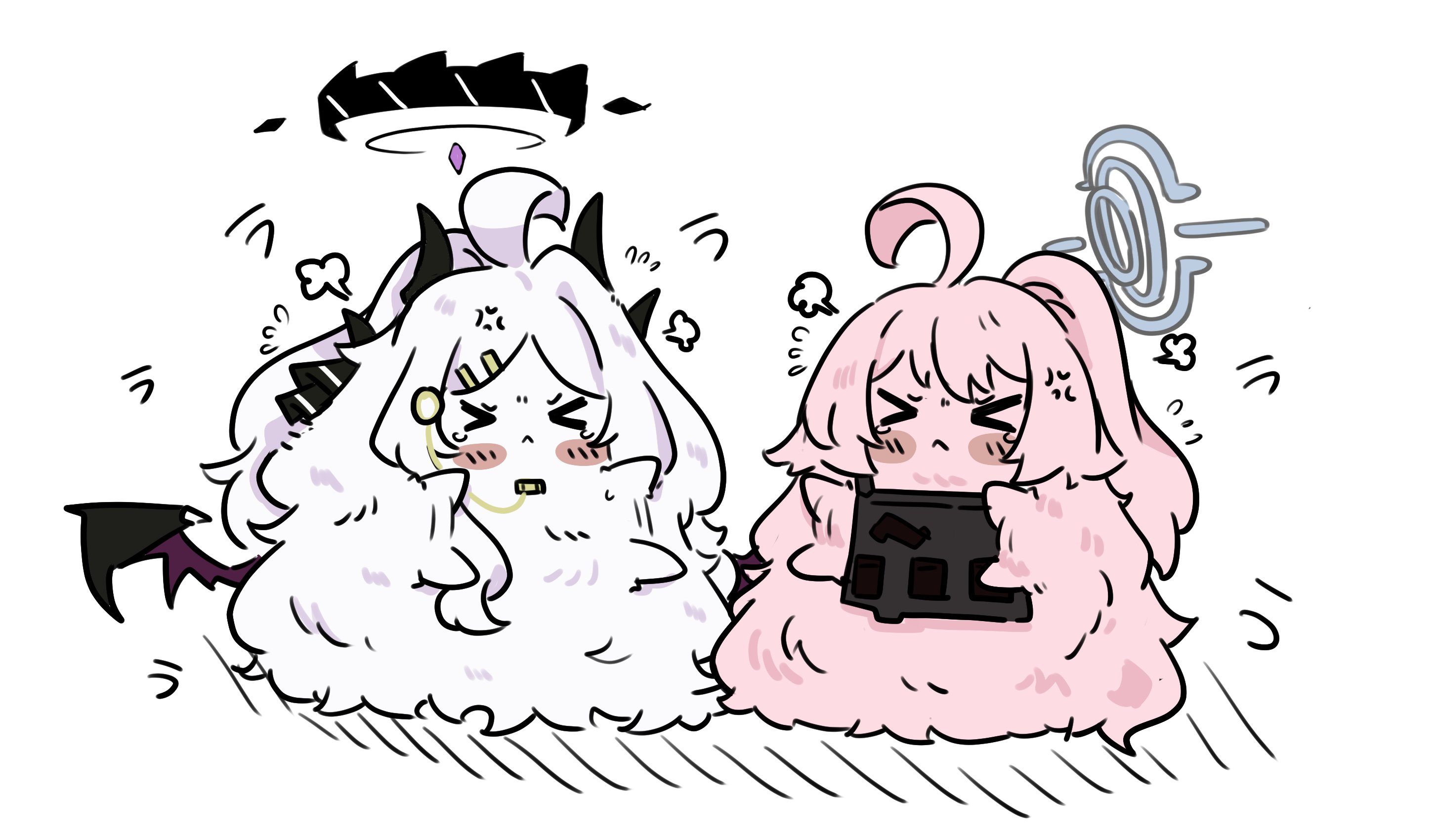 e v e neko, hina (blue archive), hoshino (blue archive), blue archive, commentary request, highres, > <, ahoge, fluffy, halo, horns, pink hair, white background, wings