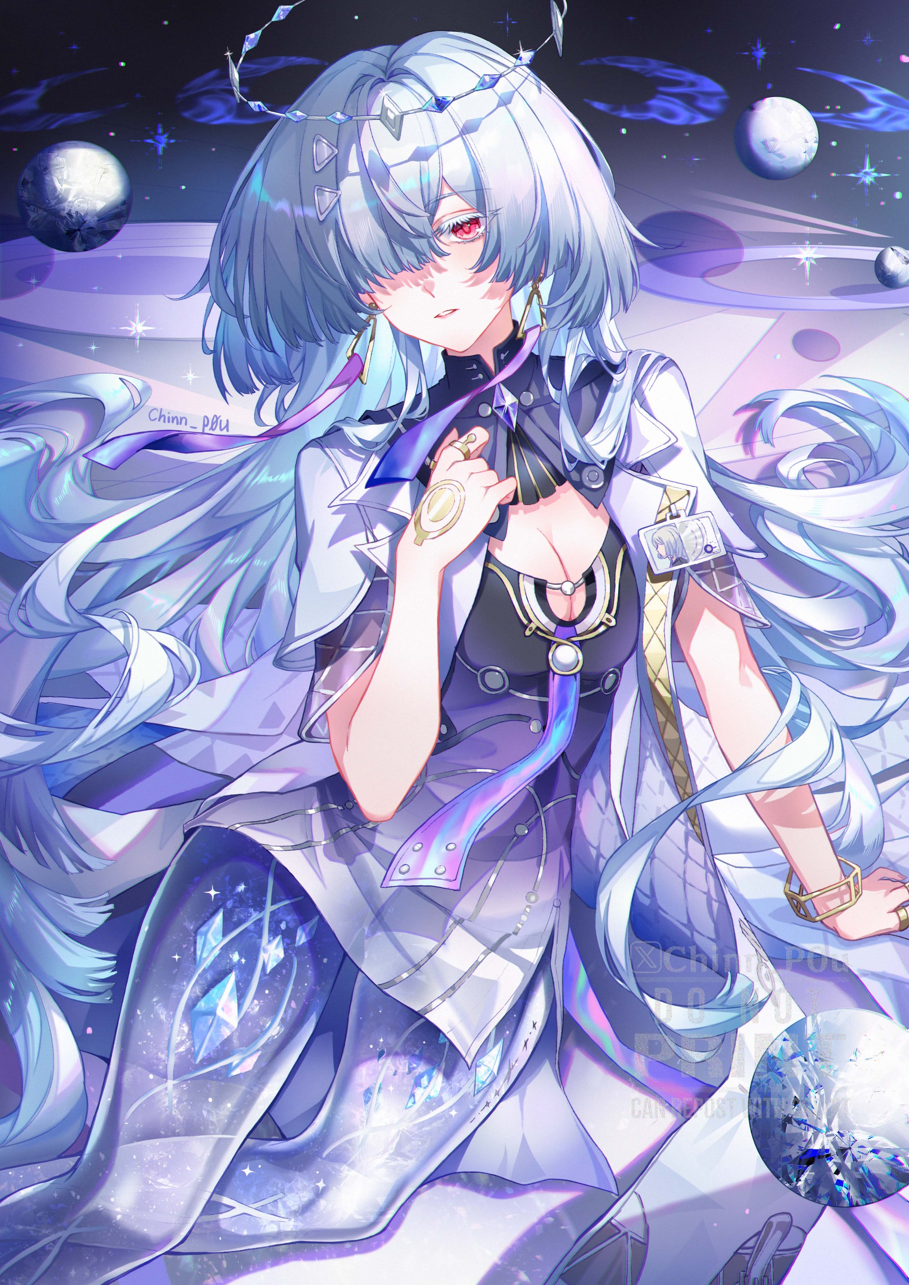 chinnpou, mornye (wuthering waves), wuthering waves, absurdres, commentary, hashtag-only commentary, highres, 1girl, arm support, artist name, breasts, cleavage, colored eyelashes, dress, earrings, hair over one eye, halo, hand up, id card, jacket, jewelry, long hair, looking at viewer, medium breasts, parted lips, prosthesis, prosthetic leg, purple dress, red eyes, sitting, solo, tacet mark (wuthering waves), triangle earrings, very long hair, white jacket