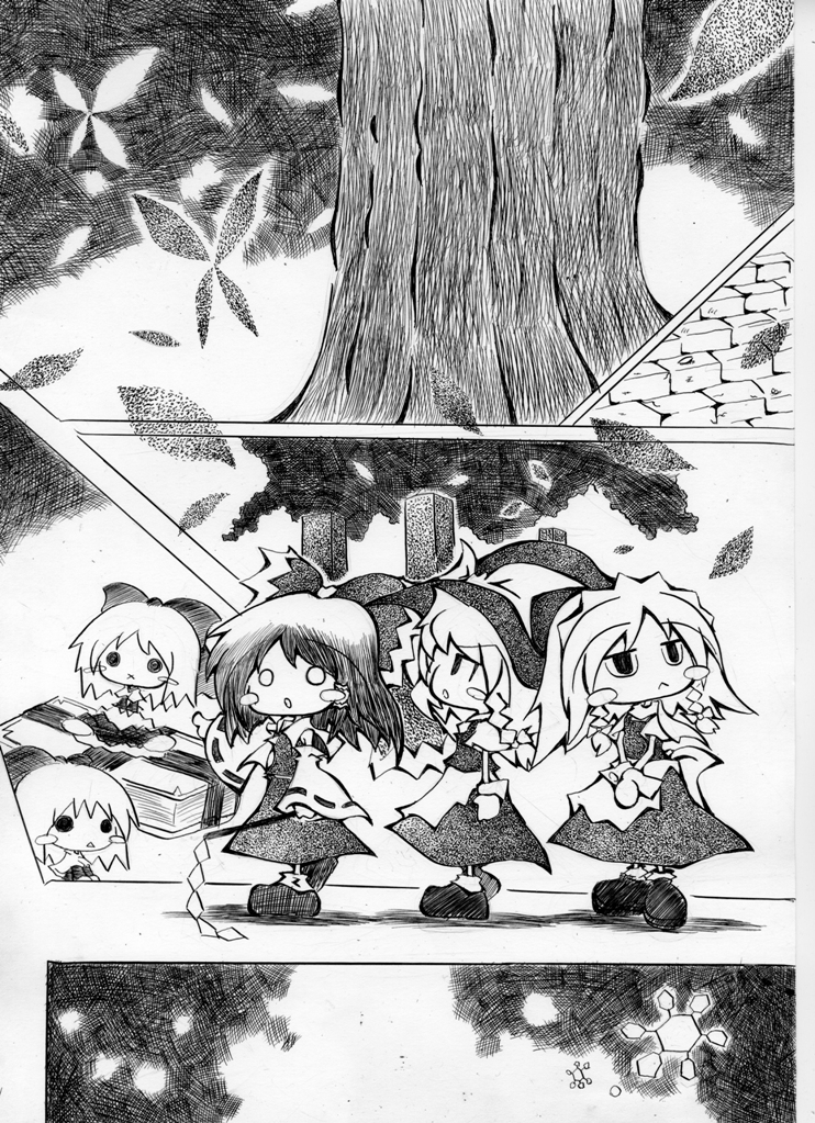 soyanrai, hakurei reimu, izayoi sakuya, kirisame marisa, touhou, bad id, bad pixiv id, nib pen (medium), pen (medium), traditional media, 3girls, bug, butterfly, chibi, female focus, greyscale, insect, monochrome, multiple girls, o o, snowflakes, stairs, tree