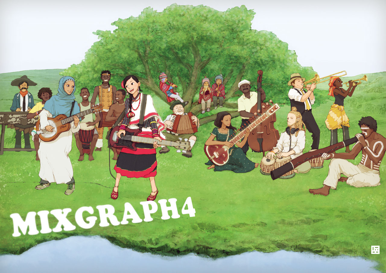 dattosan, original, 6+boys, 6+girls, accordion, acoustic guitar, anklet, barefoot, blue hijab, double bass, grass, guitar, hijab, instrument, jewelry, marimba, multiple boys, multiple girls, trombone, trumpet