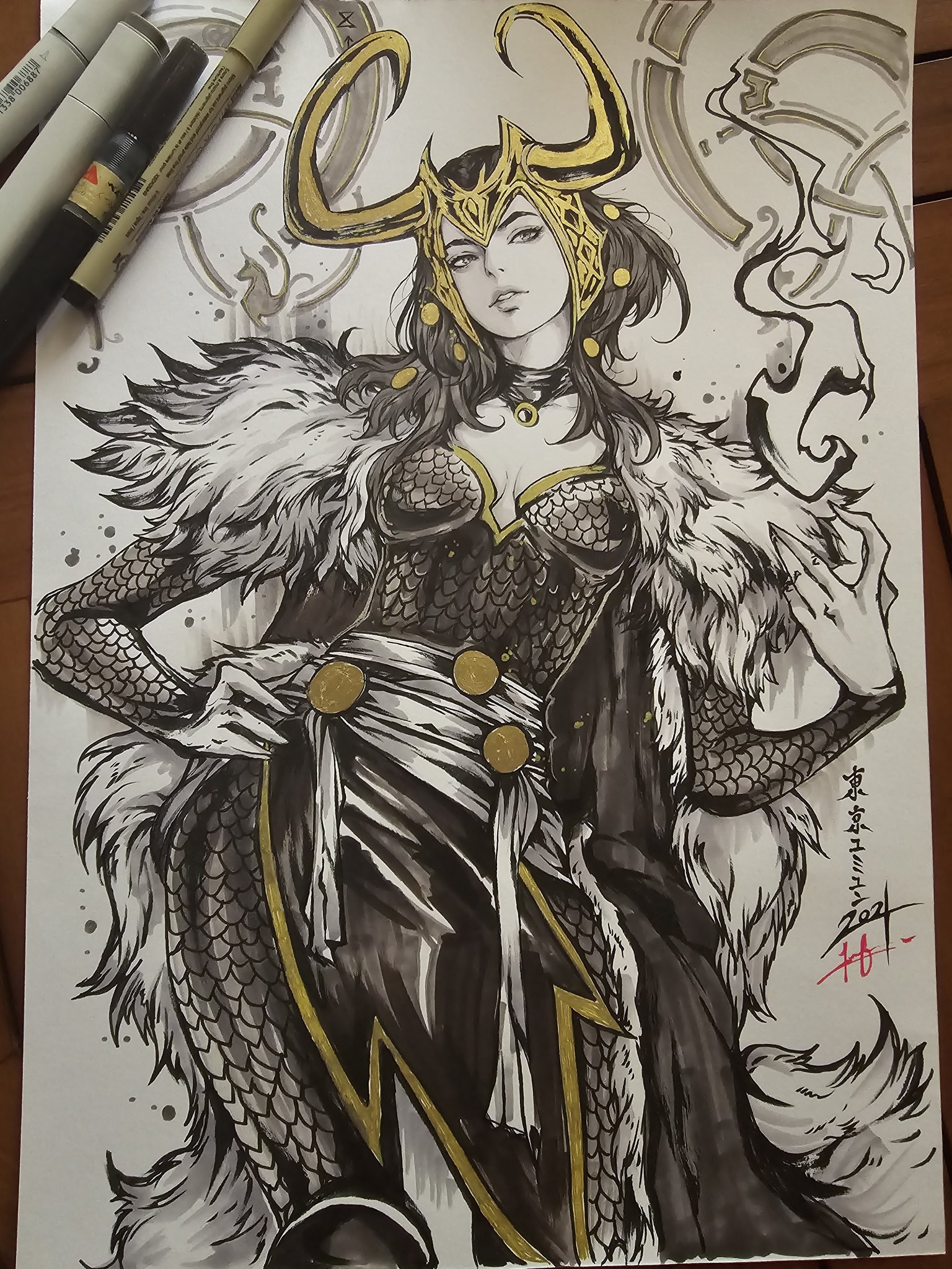 muju, character request, commentary, copyright request, english commentary, highres, marker (medium), photo (medium), traditional media, 1girl, armor, art tools in frame, black choker, breasts, choker, contrapposto, energy, feet out of frame, fur trim, gold trim, hair ornament, hand up, lips, long hair, magic, medium breasts, scale armor, signature, solo, standing, white background