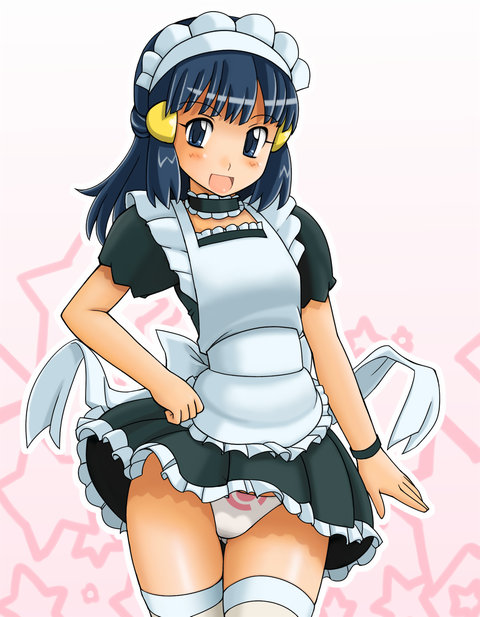 tsumitani daisuke, dawn (pokemon), nintendo, pokemon, pokemon (anime), 1girl, alternate costume, blue eyes, blue hair, blush, choker, female focus, hat, maid, maid headdress, matching hair/eyes, panties, pantyshot, print panties, solo, thighhighs, underwear