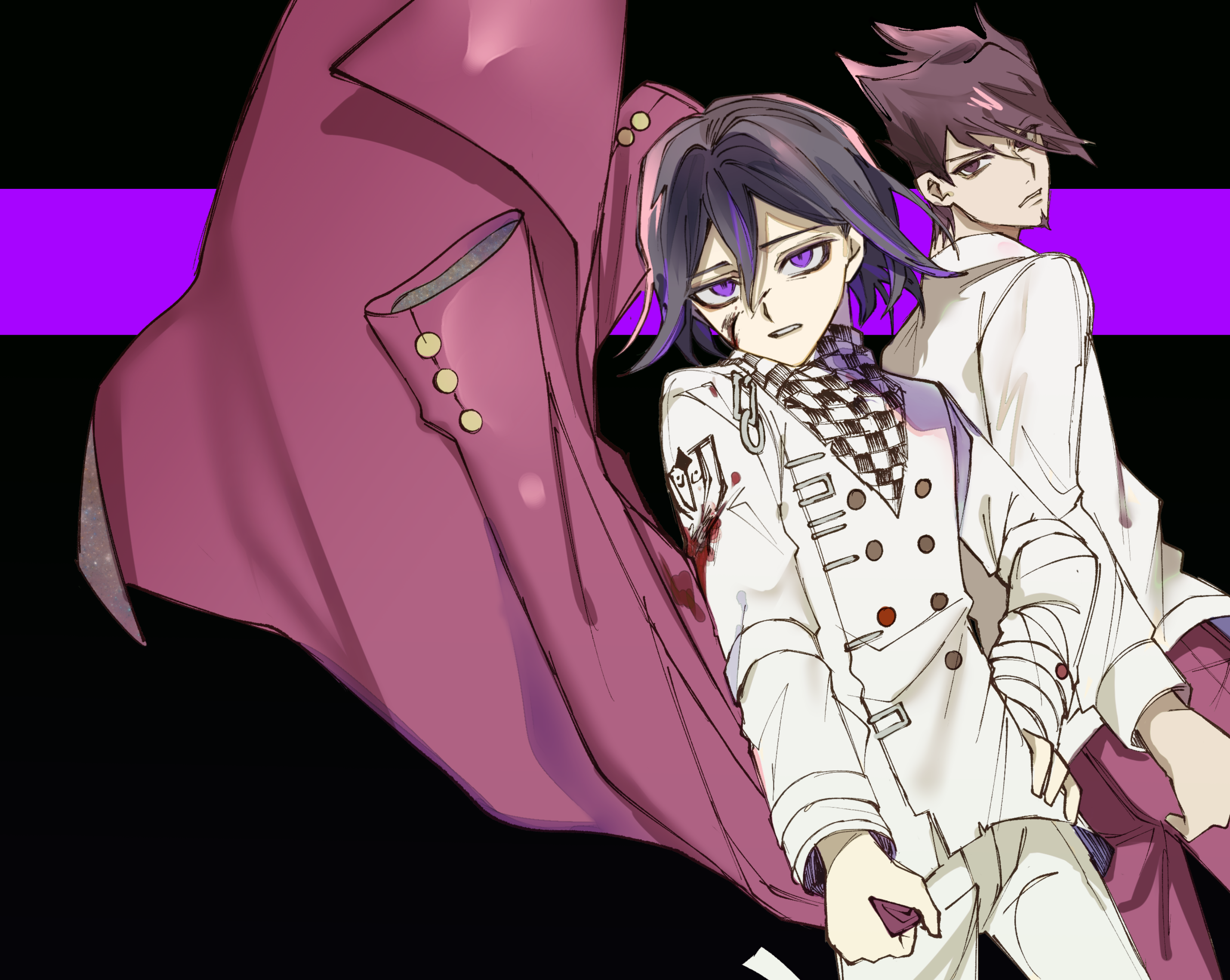 hamipuro, momota kaito, oma kokichi, danganronpa (series), danganronpa v3: killing harmony, commentary request, highres, partial commentary, spoilers, 2boys, arm belt, black background, black hair, blood, blood on clothes, blood on face, buttons, checkered clothes, checkered scarf, cowboy shot, facial hair, flipped hair, goatee, hair between eyes, hand on own hip, height difference, holding, injury, jacket, long sleeves, looking at viewer, male focus, multicolored buttons, multiple boys, pants, purple eyes, purple facial hair, purple hair, scarf, shirt, short hair, simple background, spiked hair, teeth, two-tone scarf, white shirt