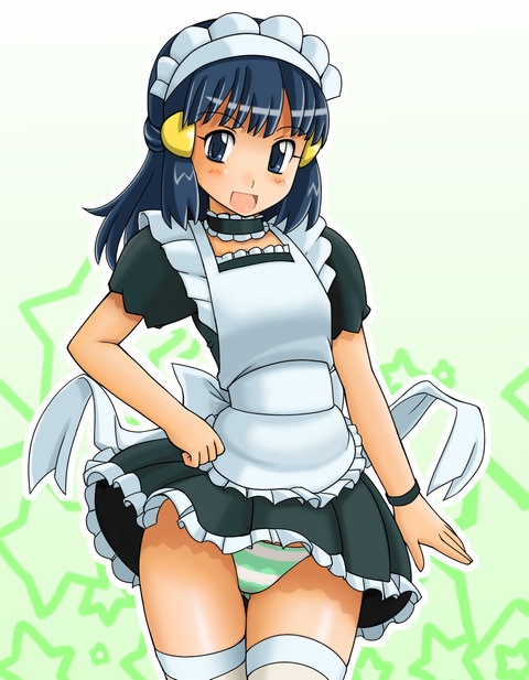 tsumitani daisuke, dawn (pokemon), nintendo, pokemon, pokemon (anime), 1girl, alternate costume, blue eyes, blue hair, blush, choker, female focus, hat, maid, maid headdress, matching hair/eyes, panties, pantyshot, solo, striped clothes, striped panties, thighhighs, underwear