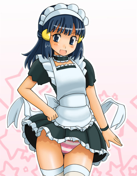 tsumitani daisuke, dawn (pokemon), nintendo, pokemon, pokemon (anime), 1girl, alternate costume, blue eyes, blue hair, blush, choker, female focus, hat, maid, maid headdress, matching hair/eyes, panties, pantyshot, solo, striped clothes, striped panties, thighhighs, underwear