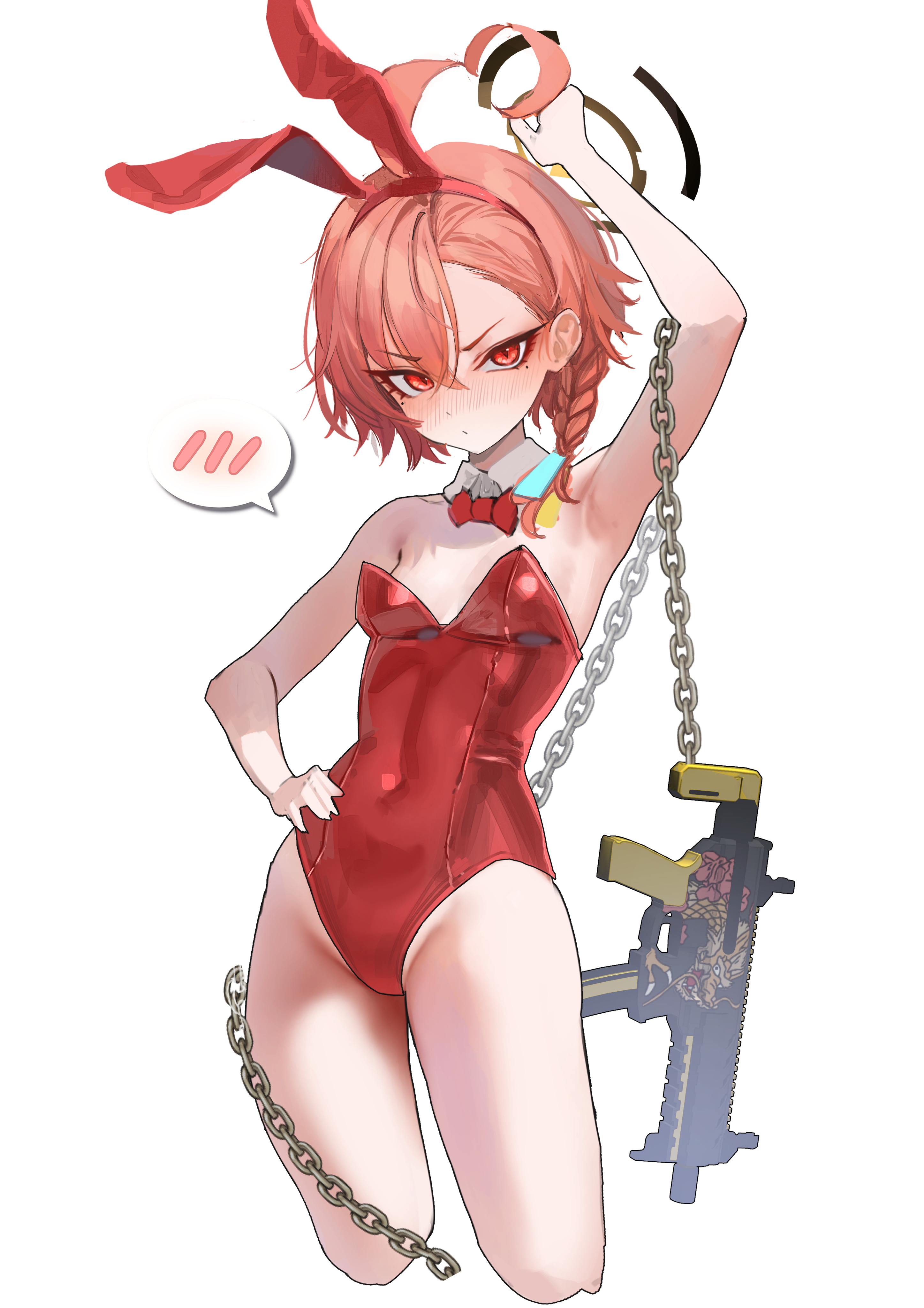 bubble99, neru (blue archive), neru (bunny) (blue archive), blue archive, absurdres, commentary request, highres, korean commentary, 1girl, ahoge, animal ears, arm up, bare arms, black halo, bow, bowtie, detached collar, fake animal ears, gun, hair between eyes, halo, hand on own hip, leotard, looking at viewer, orange hair, playboy bunny, rabbit ears, red bow, red bowtie, red eyes, red leotard, sig mpx, simple background, solo, submachine gun, weapon, white background