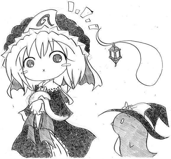soyanrai, kirisame marisa, saigyouji yuyuko, touhou, bad id, bad pixiv id, nib pen (medium), pen (medium), traditional media, 1girl, bird, chibi, cosplay, female focus, greyscale, kirisame marisa (cosplay), lantern, monochrome, penguin, sketch, solo, x mouth