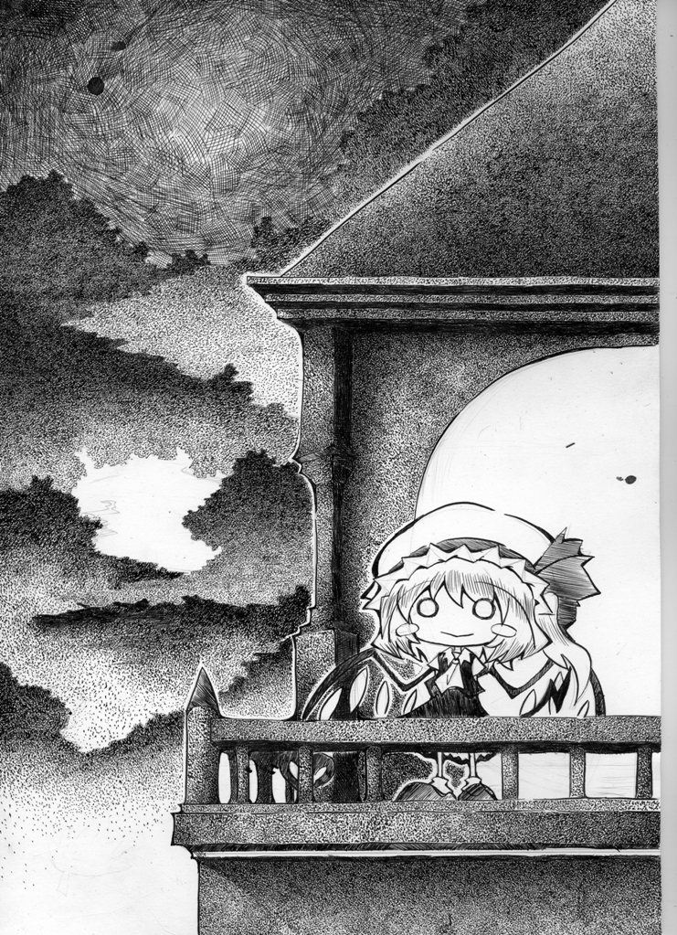 soyanrai, flandre scarlet, touhou, bad id, bad pixiv id, nib pen (medium), pen (medium), traditional media, 1girl, balcony, chibi, female focus, greyscale, hat, mob cap, monochrome, o o, solo, wings