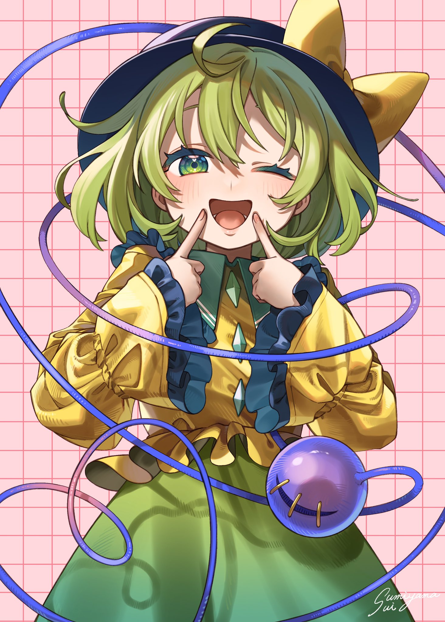 sumiyama sui, komeiji koishi, touhou, commentary request, highres, 1girl, :d, ahoge, black hat, bow, frilled sleeves, frills, green eyes, green hair, green skirt, hat, hat bow, long sleeves, one eye closed, open mouth, shirt, short hair, skirt, smile, solo, sun hat, third eye, yellow bow, yellow shirt