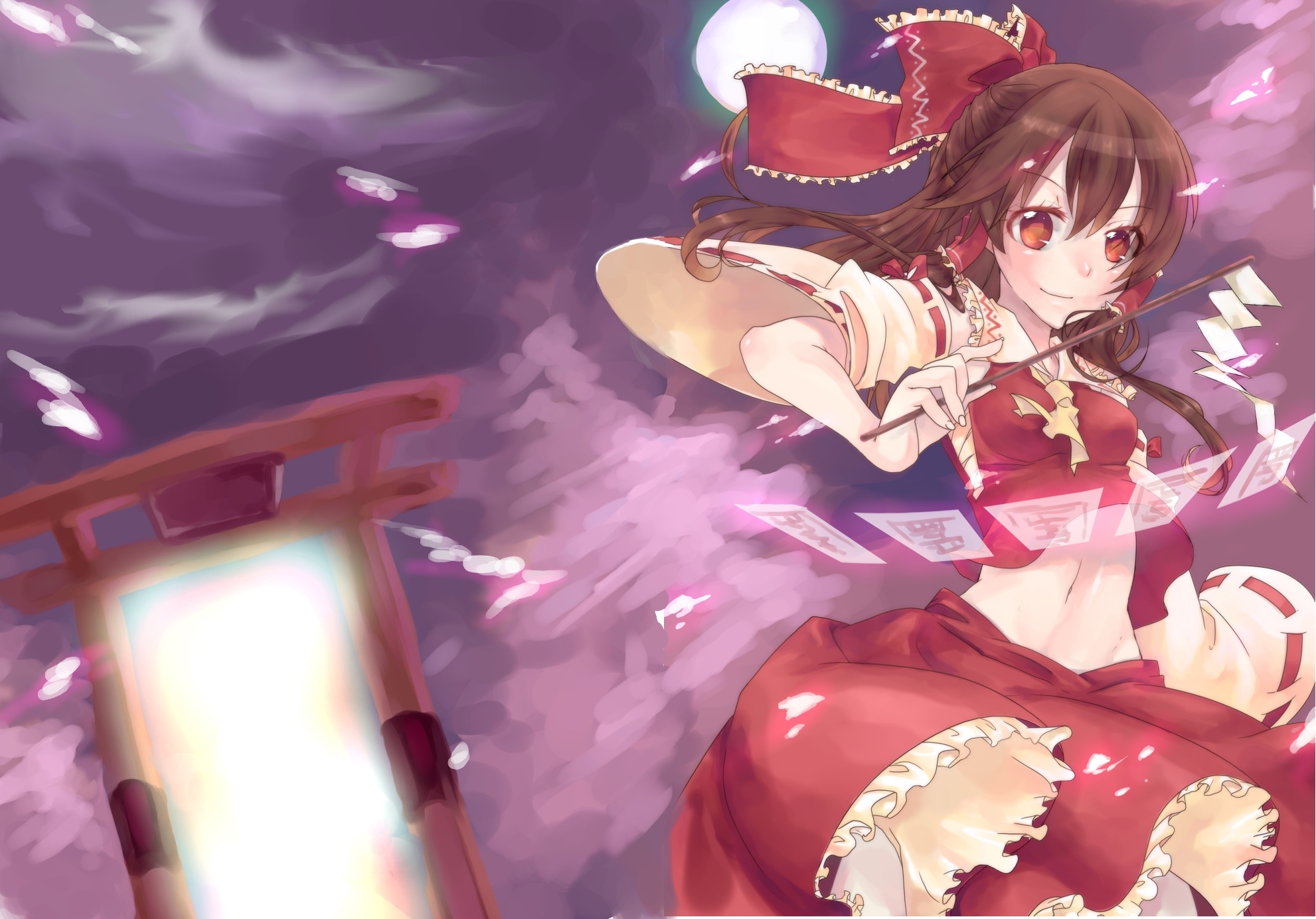 mikono myakura, hakurei reimu, touhou, bad id, bad pixiv id, highres, 1girl, brown eyes, brown hair, detached sleeves, female focus, gohei, japanese clothes, midriff, miko, moon, navel, ofuda, outdoors, ribbon, sky, solo, torii
