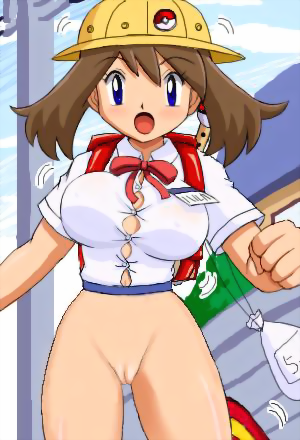 pokemoa, may (pokemon), nintendo, pokemon, lowres, 1girl, backpack, bag, blue eyes, bottomless, breasts, brown hair, female focus, hat, large breasts, medium hair, name tag, pussy, solo, uncensored, wardrobe malfunction