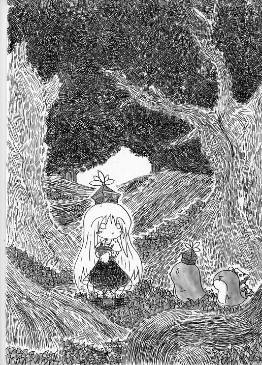 soyanrai, fujiwara no mokou, kamishirasawa keine, touhou, nib pen (medium), pen (medium), traditional media, 1girl, bird, chibi, cosplay, female focus, forest, fujiwara no mokou (cosplay), greyscale, kamishirasawa keine (cosplay), monochrome, nature, o o, penguin, scenery, solo, x mouth