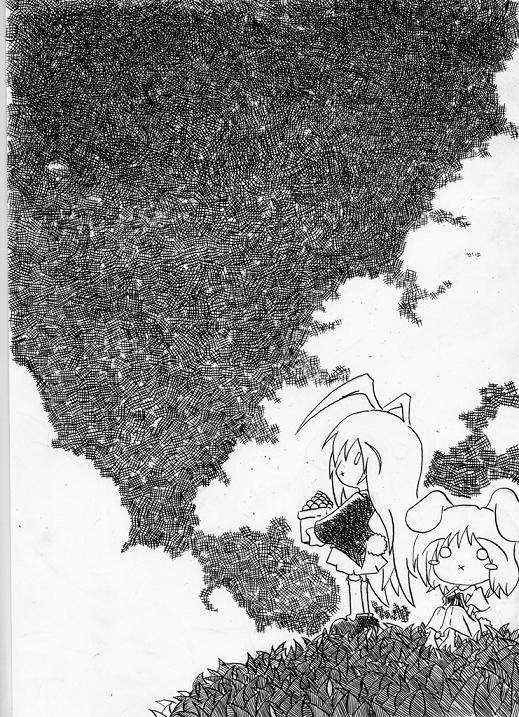 soyanrai, inaba tewi, reisen udongein inaba, touhou, nib pen (medium), pen (medium), traditional media, 2girls, chibi, dango, female focus, food, greyscale, monochrome, multiple girls, o o, scenery, wagashi, x mouth