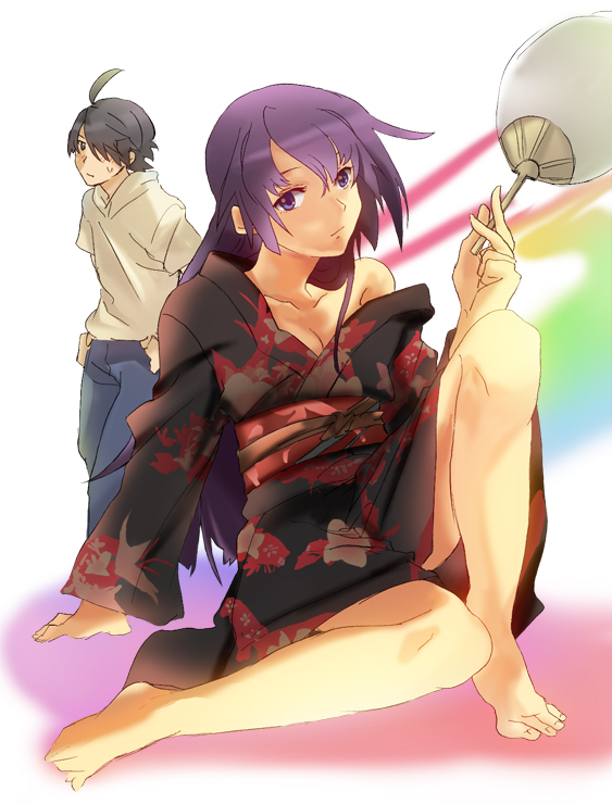 hareta, seita, araragi koyomi, senjougahara hitagi, bakemonogatari, monogatari (series), 00s, 1boy, 1girl, ahoge, bad anatomy, bad feet, barefoot, feet, hand fan, japanese clothes, kimono, poorly drawn