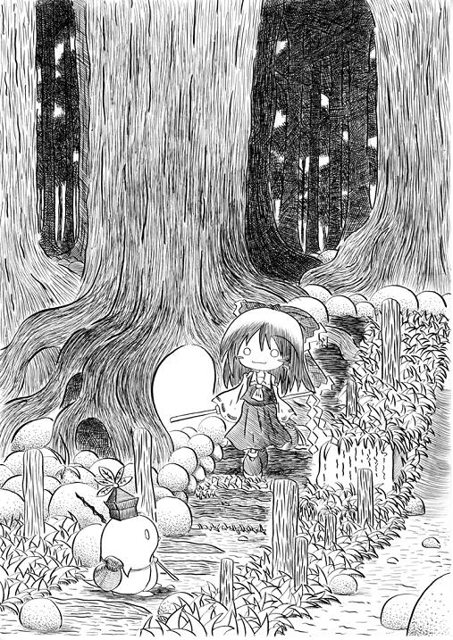 soyanrai, hakurei reimu, kamishirasawa keine, touhou, bad id, bad pixiv id, nib pen (medium), pen (medium), traditional media, 1girl, bird, chibi, cosplay, female focus, forest, greyscale, kamishirasawa keine (cosplay), monochrome, nature, o o, penguin, scenery, solo, walking
